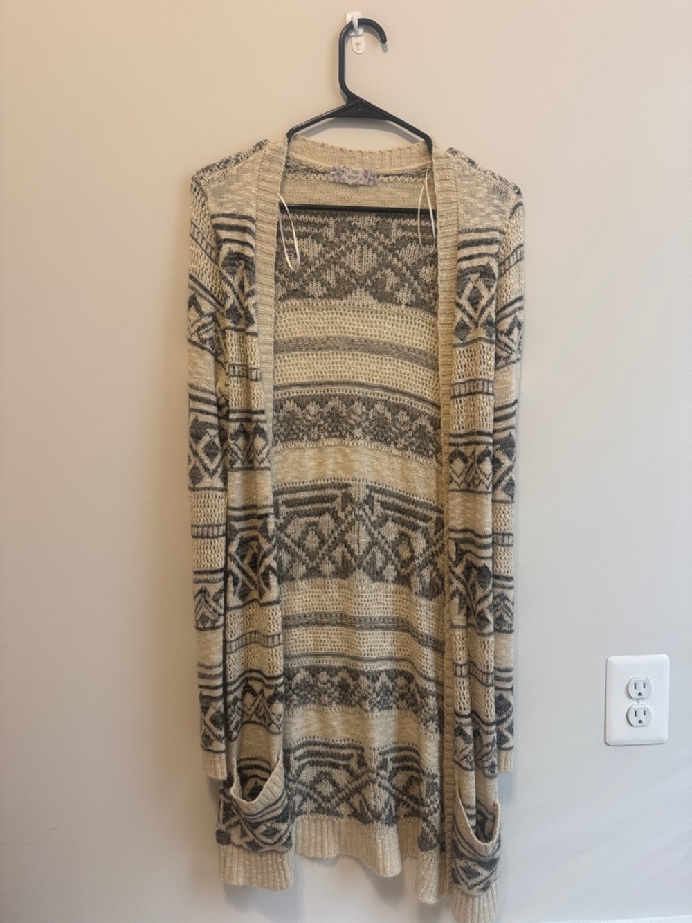 Cream and Gray Patterned Open-Front Women's Cardigan Sweater